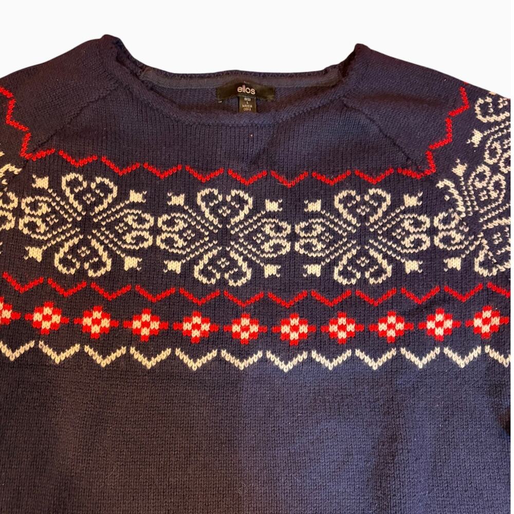 ELLOS Women's Fair Isle Nordic Sweater 18 20 LARGE Navy Blue Crewneck Oversized